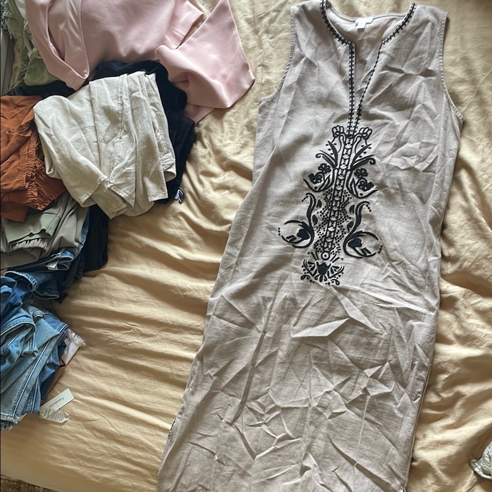 Linen Blend Beige Dress with Black Pattern